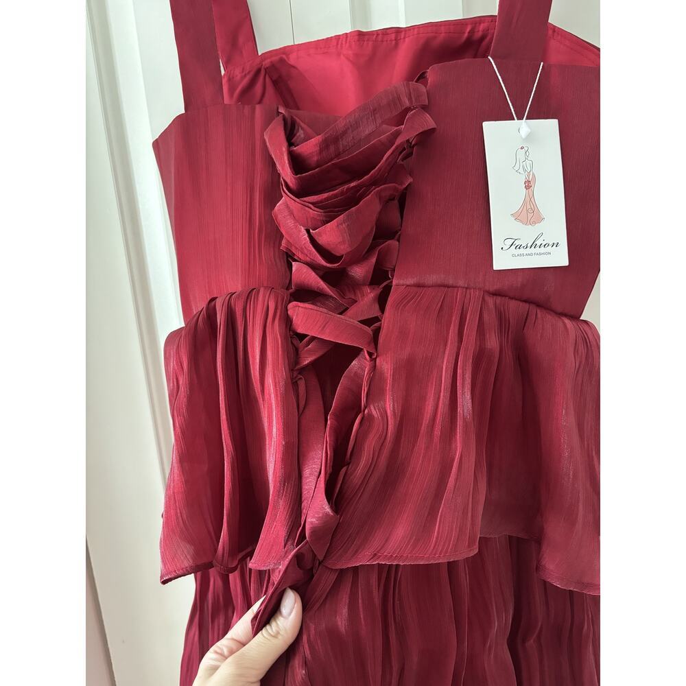 Red Tiered Ruffle Dress With Straps Size 8 - Picture 9 of 10
